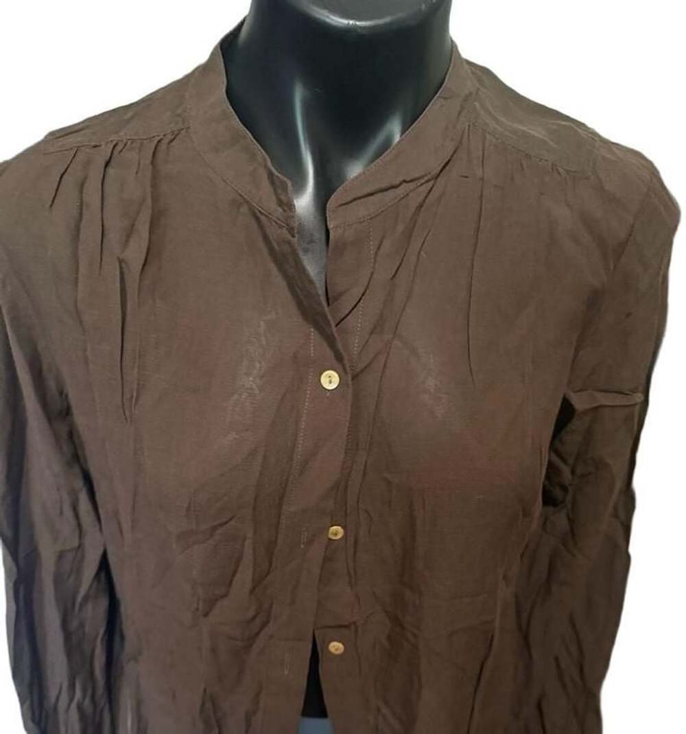 Eddie Bauer Long Sleeve Collarless Shirt Size L Brown Silk Cotton